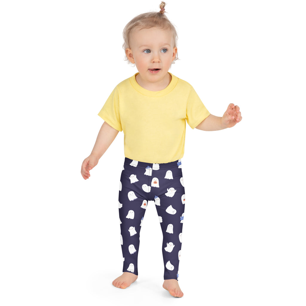 Girls dark purple buttery soft leggings in navy blue with a playful white cartoon ghost pattern