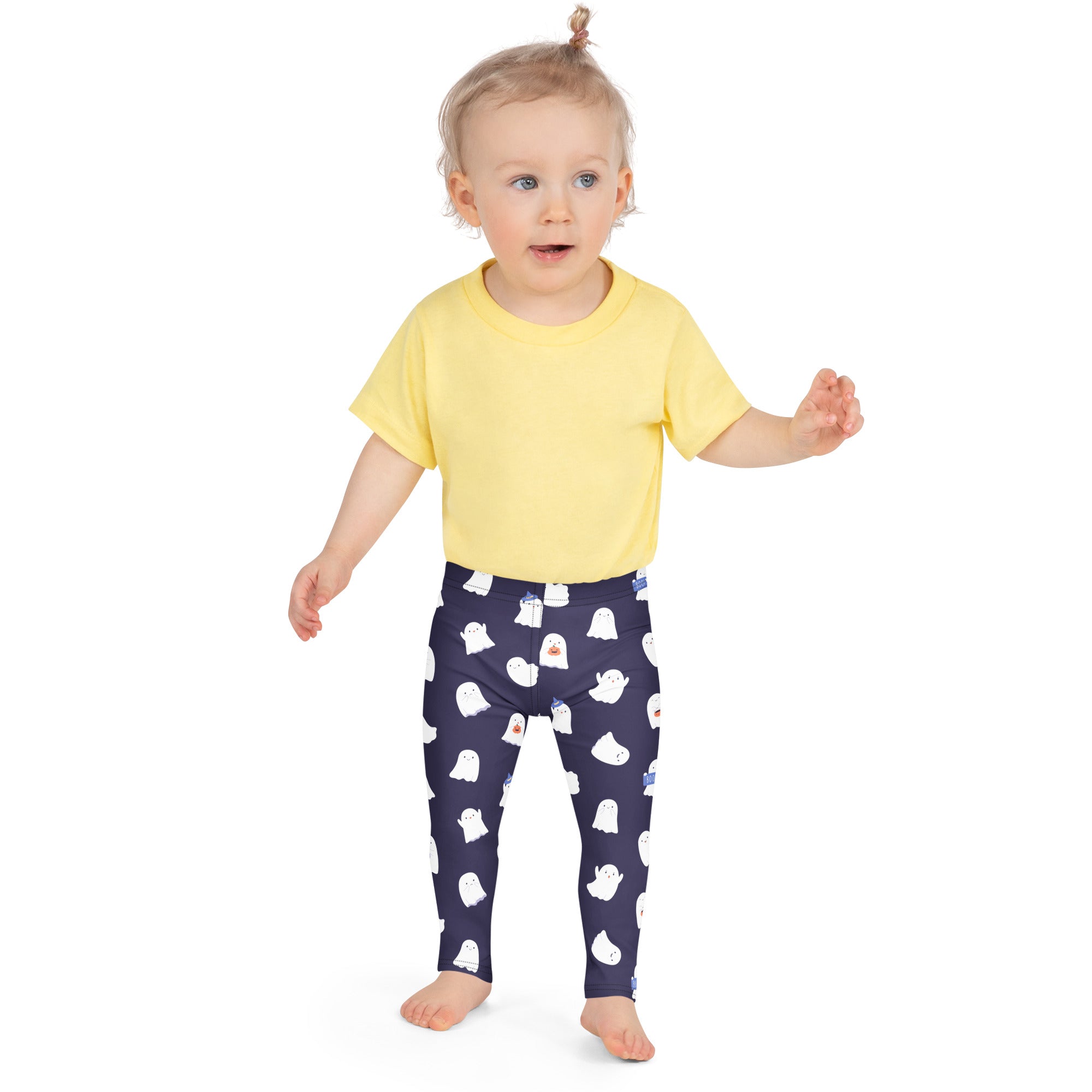 Girls dark purple buttery soft leggings in navy blue with a playful white cartoon ghost pattern