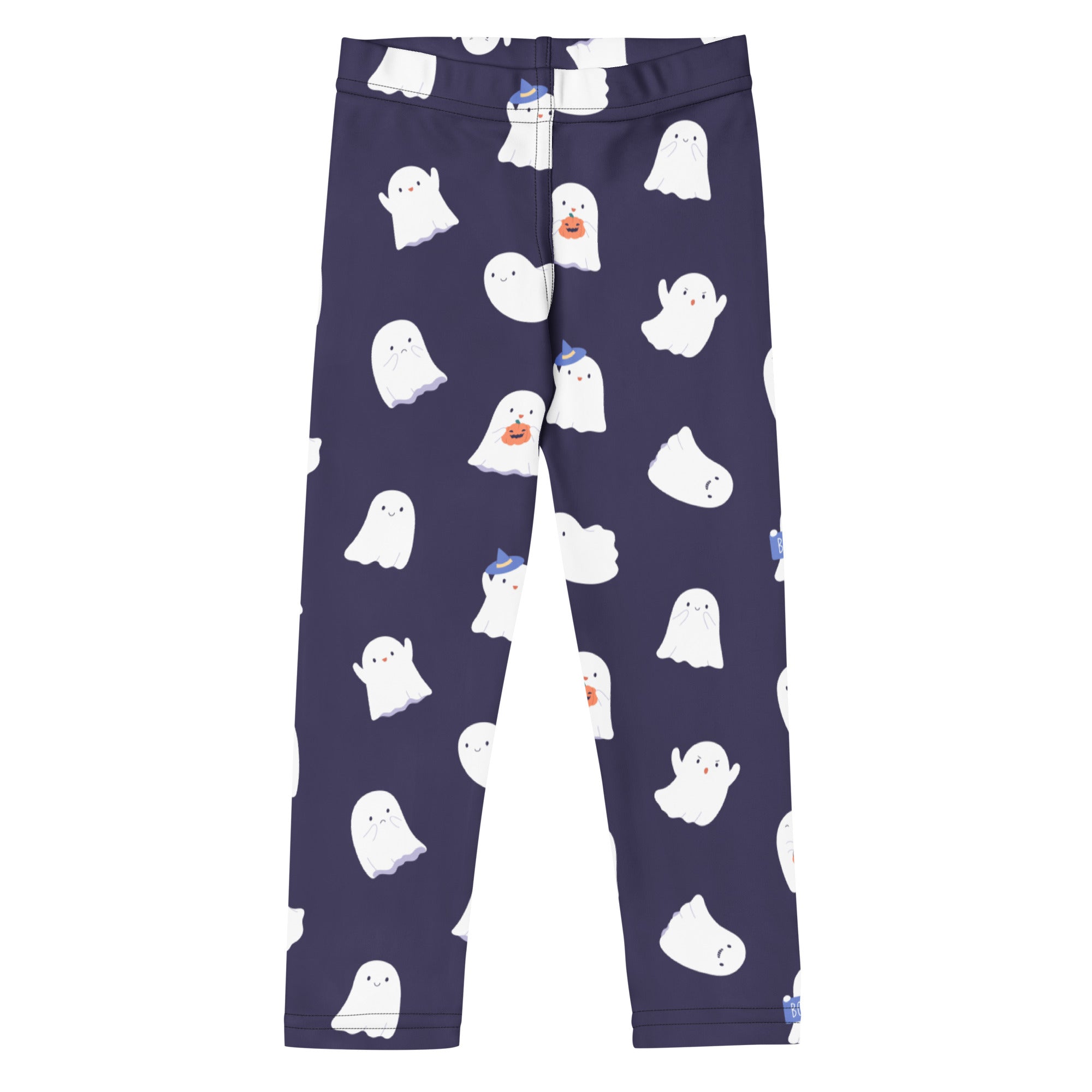 Girls dark purple buttery soft leggings with navy blue playful white cartoon ghosts holding pumpkins and hats pattern