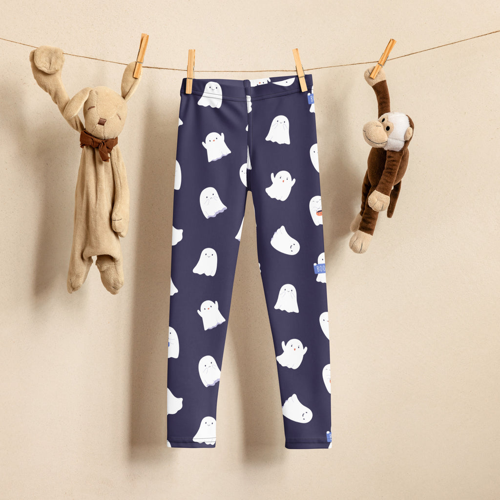Girls dark purple buttery soft leggings with a playful white cartoon ghost pattern perfect for casual wear