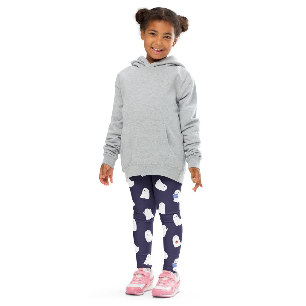 Gray hooded sweatshirt with front pocket and long sleeves paired with girls dark purple ghost buttery soft leggings