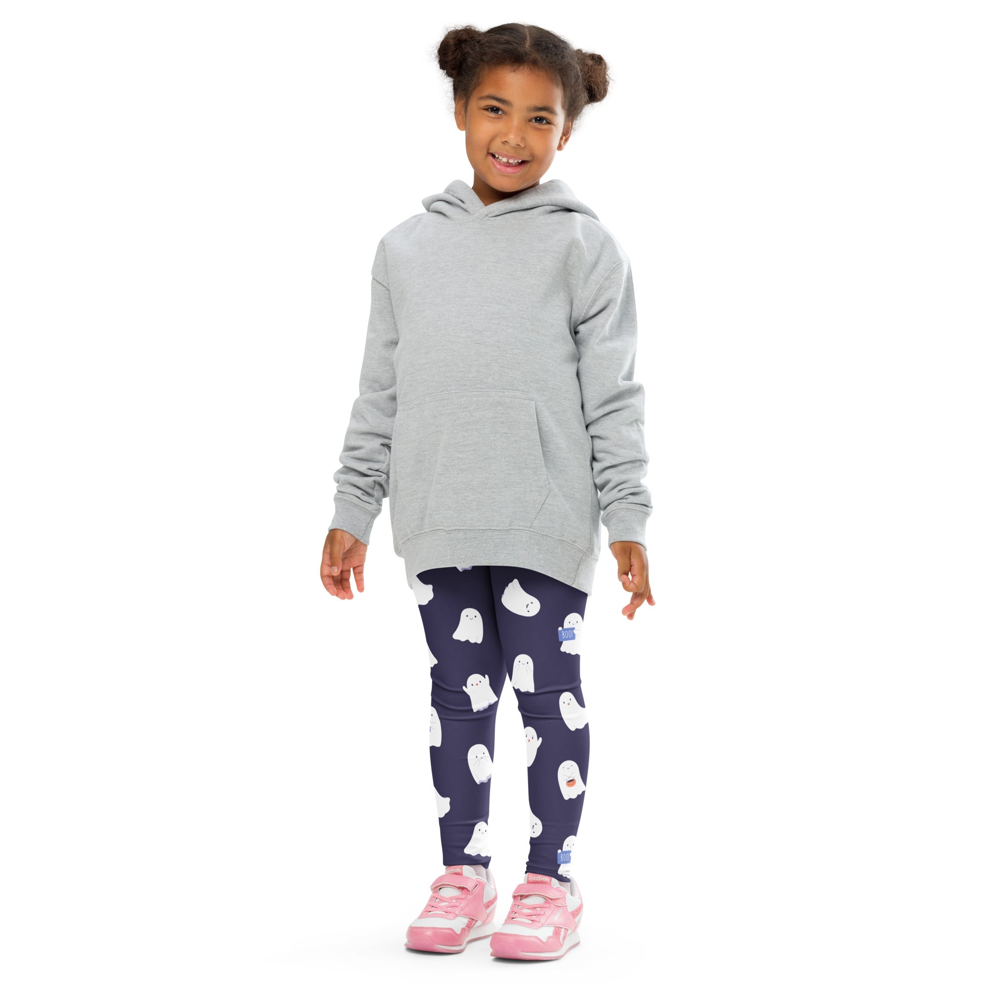 Gray hooded sweatshirt with front pocket and long sleeves paired with girls dark purple ghost buttery soft leggings