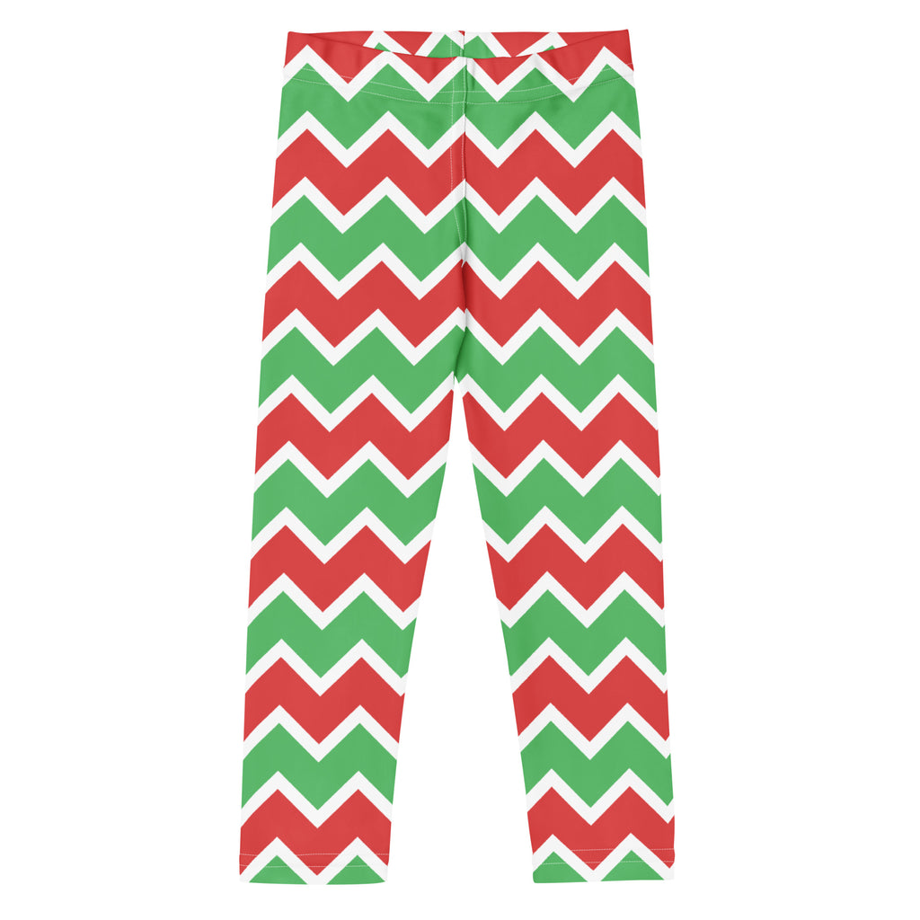 Kids christmas chevron striped buttery soft leggings with red and green chevron pattern and white outlines