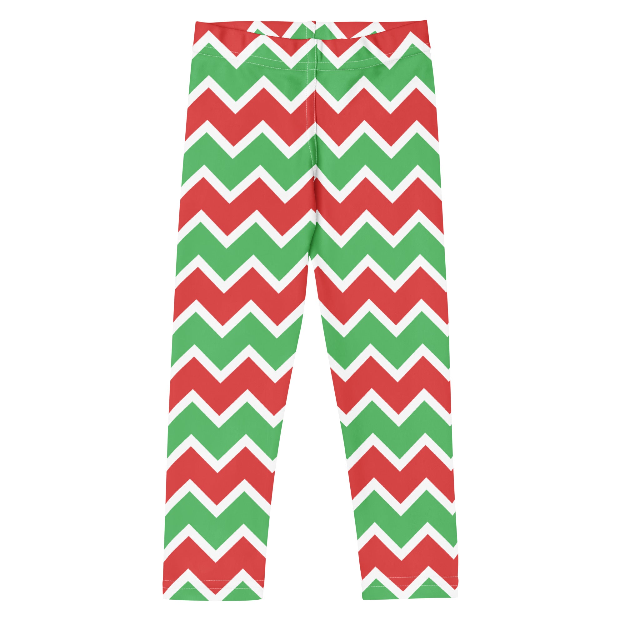 Kids christmas chevron striped buttery soft leggings with red and green chevron pattern and white outlines
