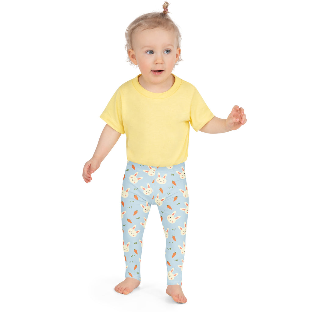 Girls Easter bunny carrot buttery soft light blue leggings with white bunnies and orange carrot playful pattern