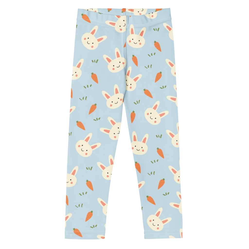Girls Easter bunny carrot buttery soft light blue leggings with white bunnies and orange carrots playful pattern