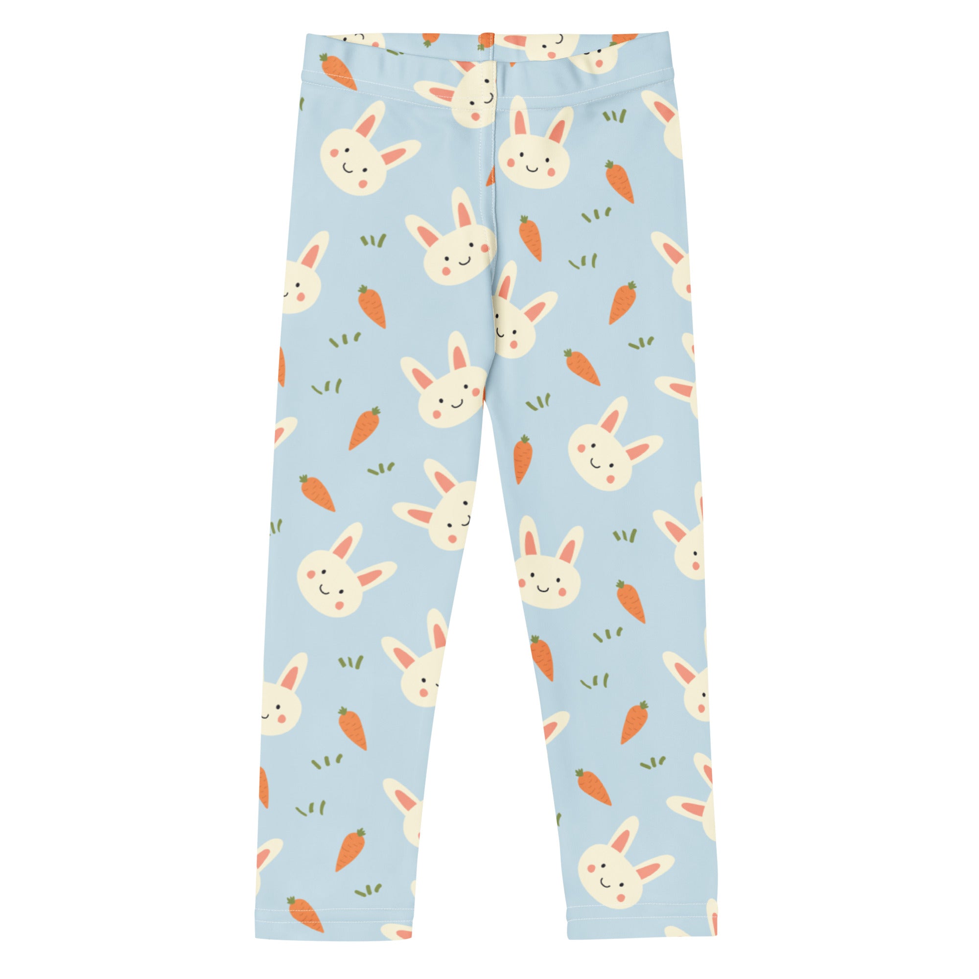 Girls Easter bunny carrot buttery soft light blue leggings with white bunnies and orange carrots playful pattern