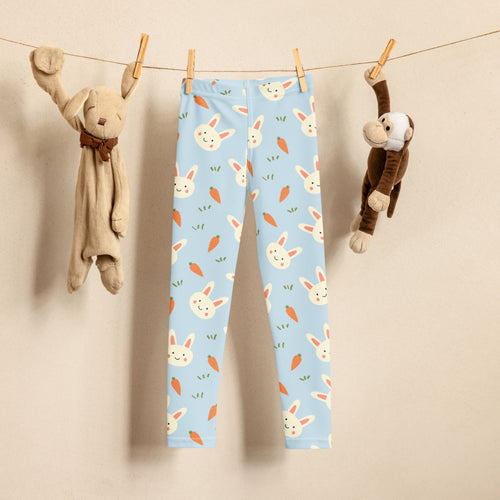 Light blue girls buttery soft leggings with playful white bunny and orange carrot pattern for easter wear