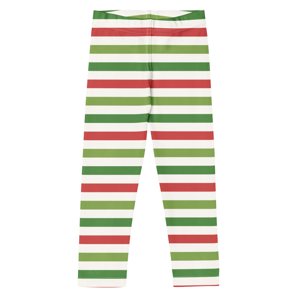Kids red and green striped buttery soft leggings on white background perfect for christmas wear