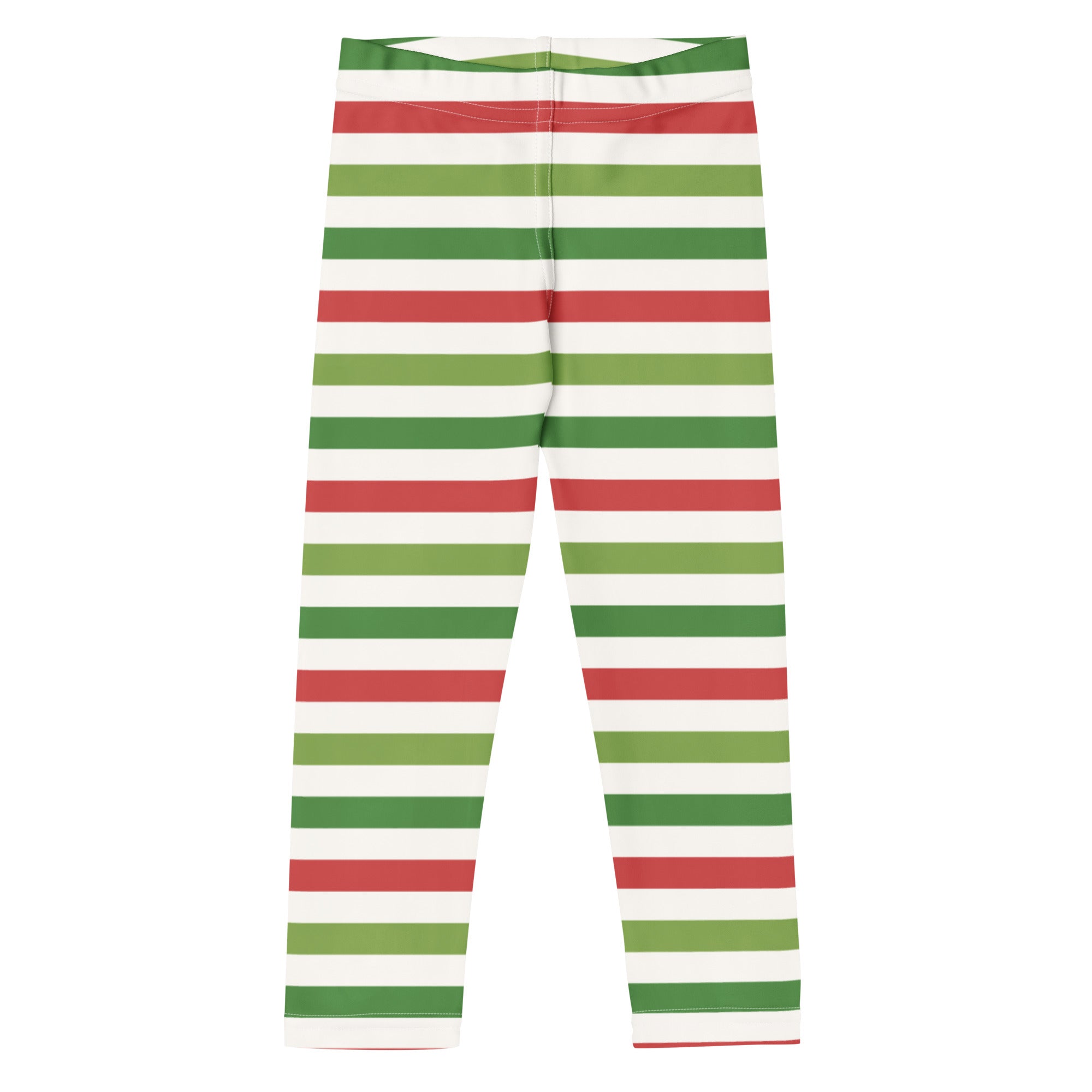 Kids red and green striped buttery soft leggings on white background perfect for christmas wear