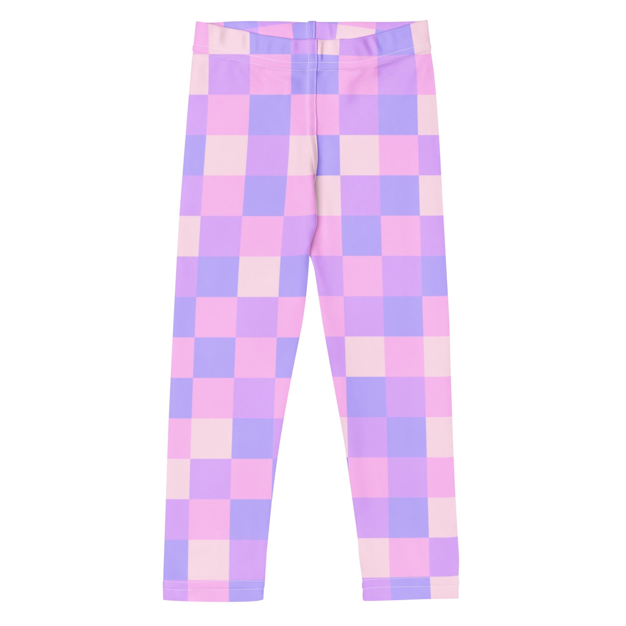 Girls purple checkered buttery soft leggings in pastel pink and lavender with a stretchy form-fitting design