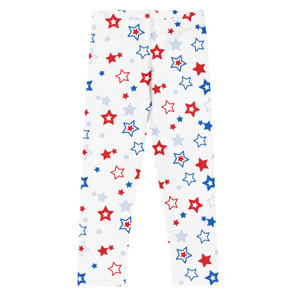 Kids red white and blue stars buttery soft white leggings with playful red blue and silver star pattern
