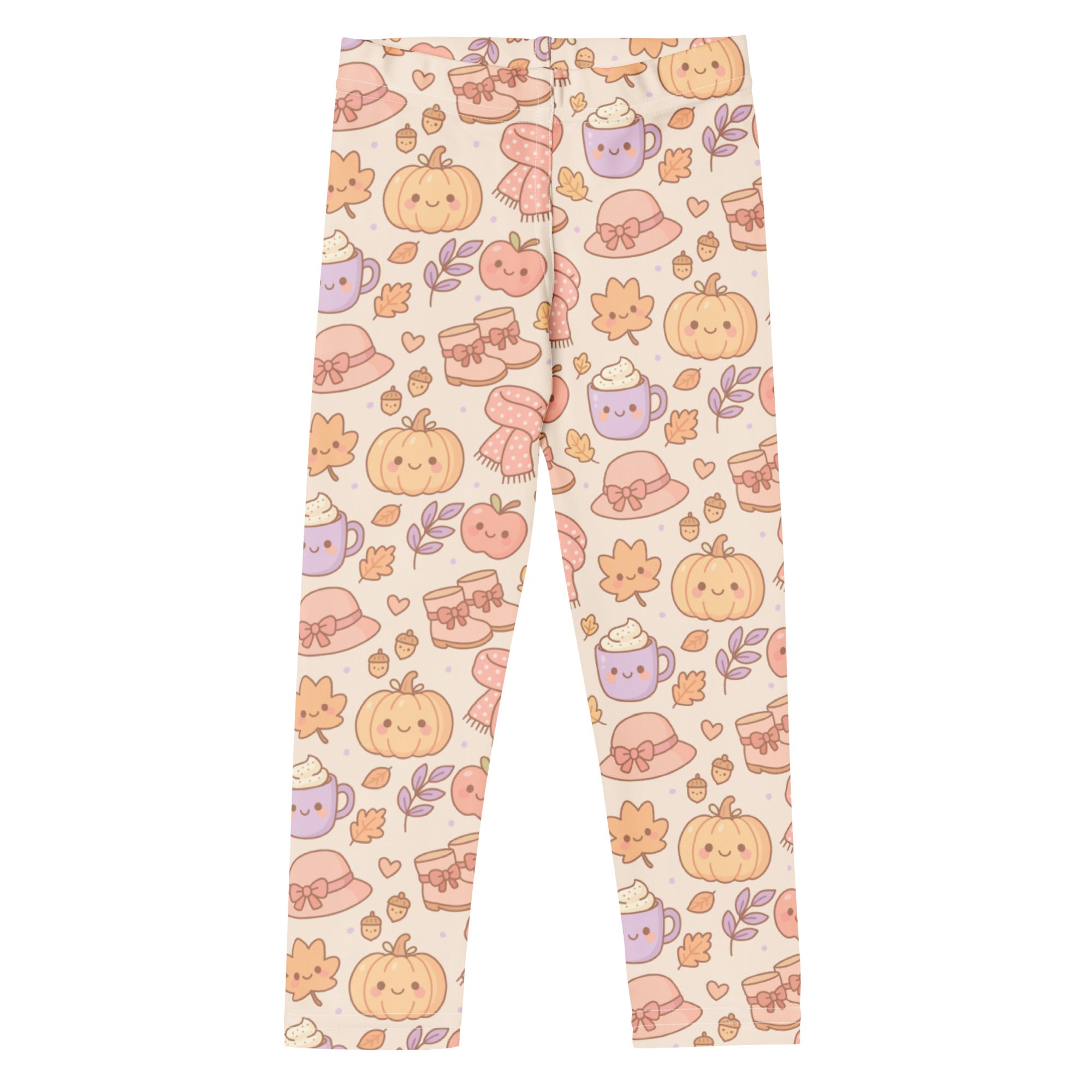 Cream-colored kids cute fall themed buttery soft leggings with playful pumpkins cozy hats and steaming mugs pattern