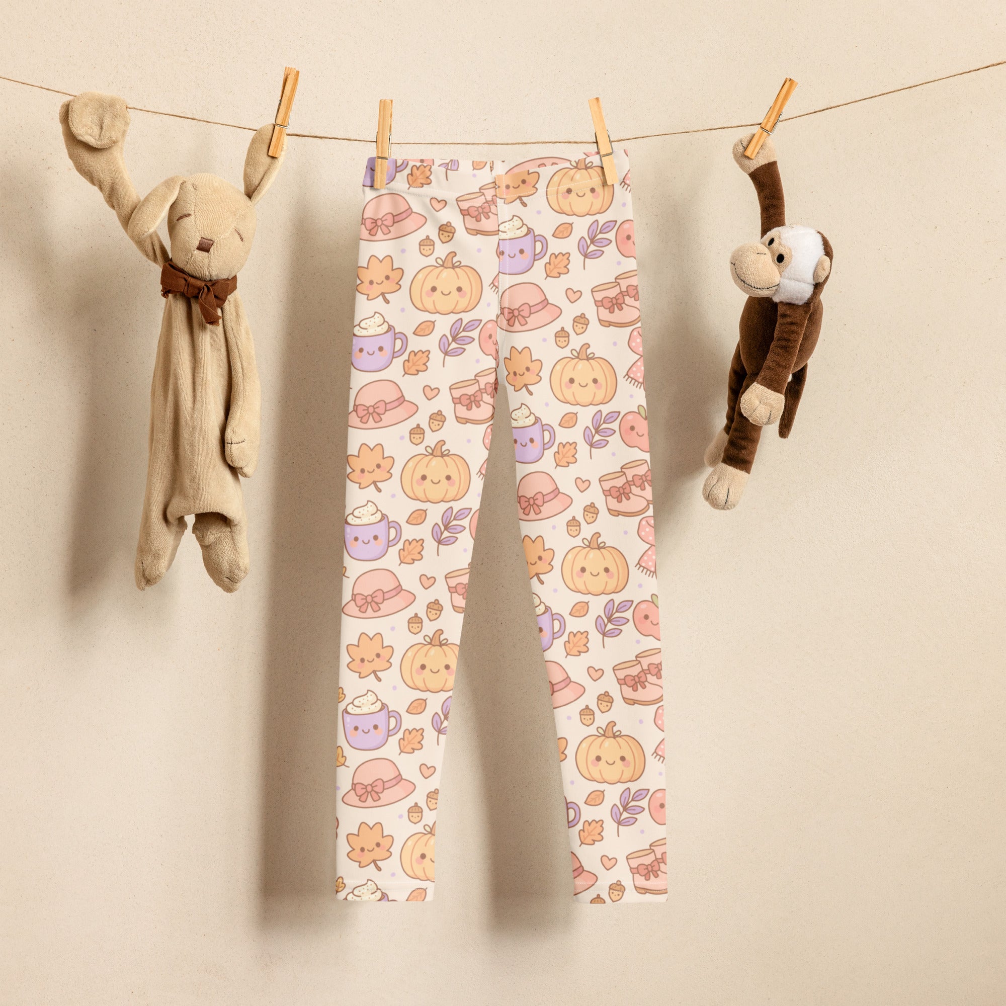 Kids cute fall themed buttery soft white leggings with orange pumpkins purple mugs pink hats and autumn leaves pattern