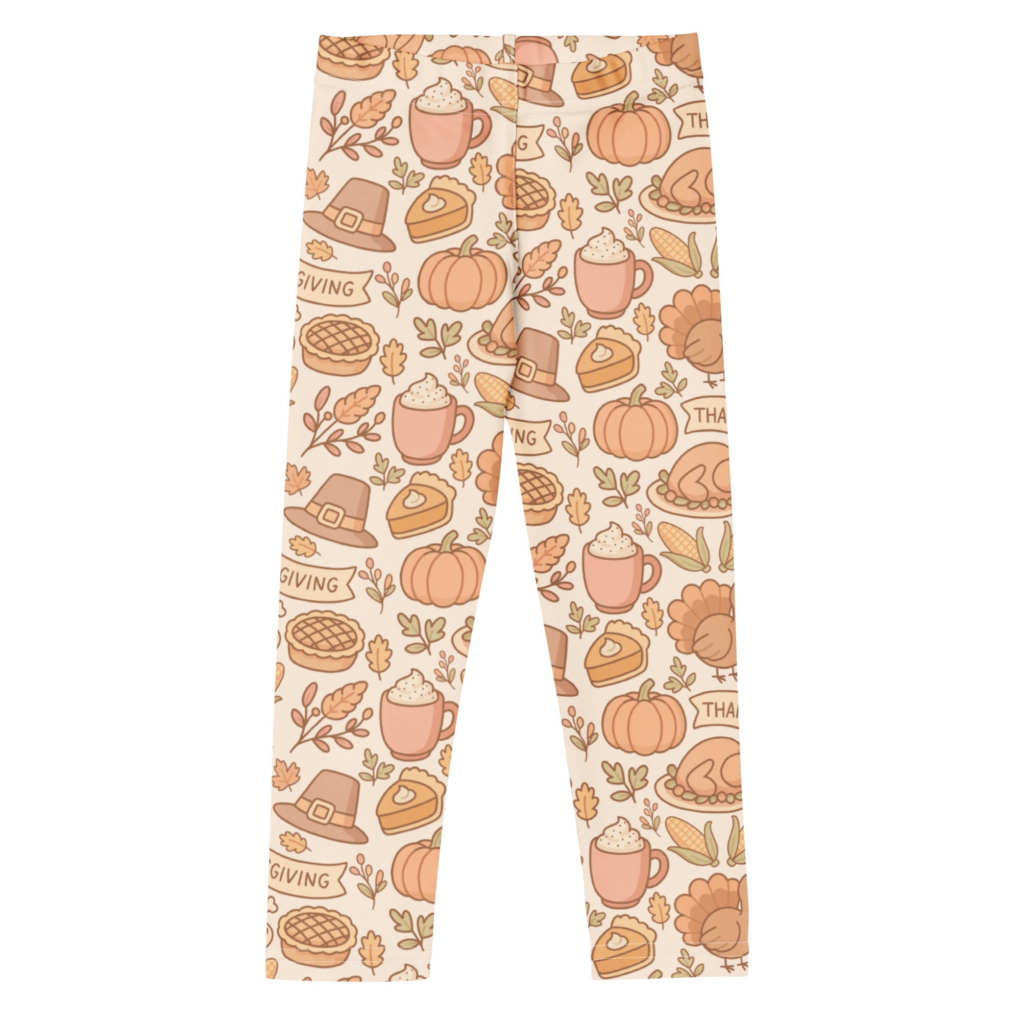 Kids thanksgiving buttery soft leggings in beige with pumpkins pies coffee mugs and pilgrim hats in warm tones
