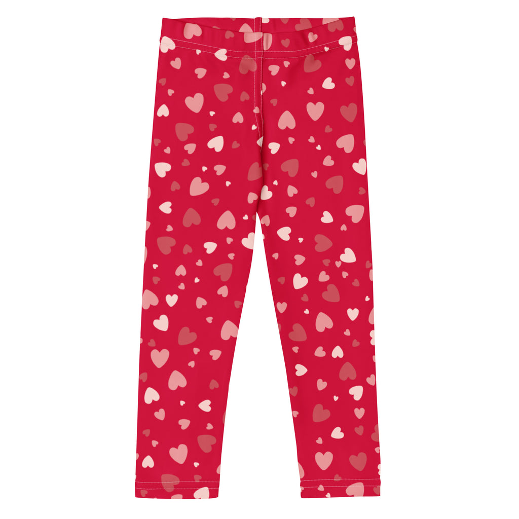 Girls red heart print buttery soft leggings in vibrant crimson with playful pink and light red hearts pattern