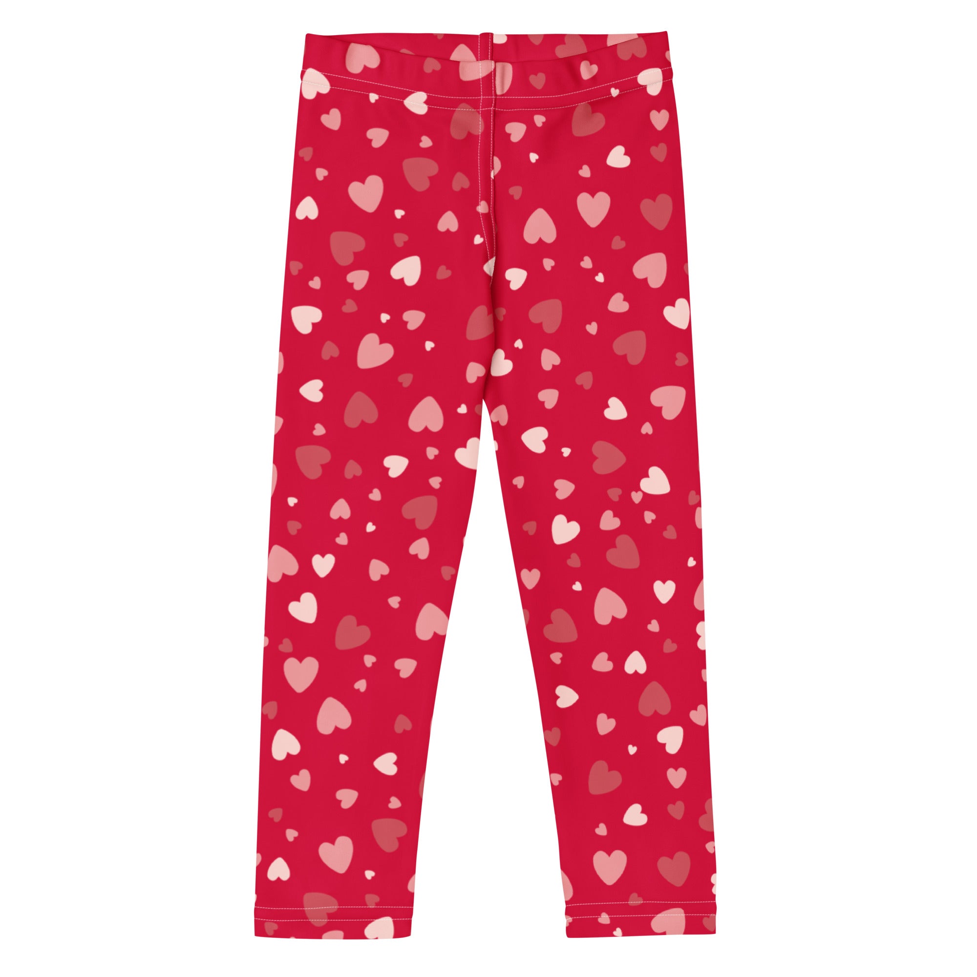 Girls red heart print buttery soft leggings in vibrant crimson with playful pink and light red hearts pattern