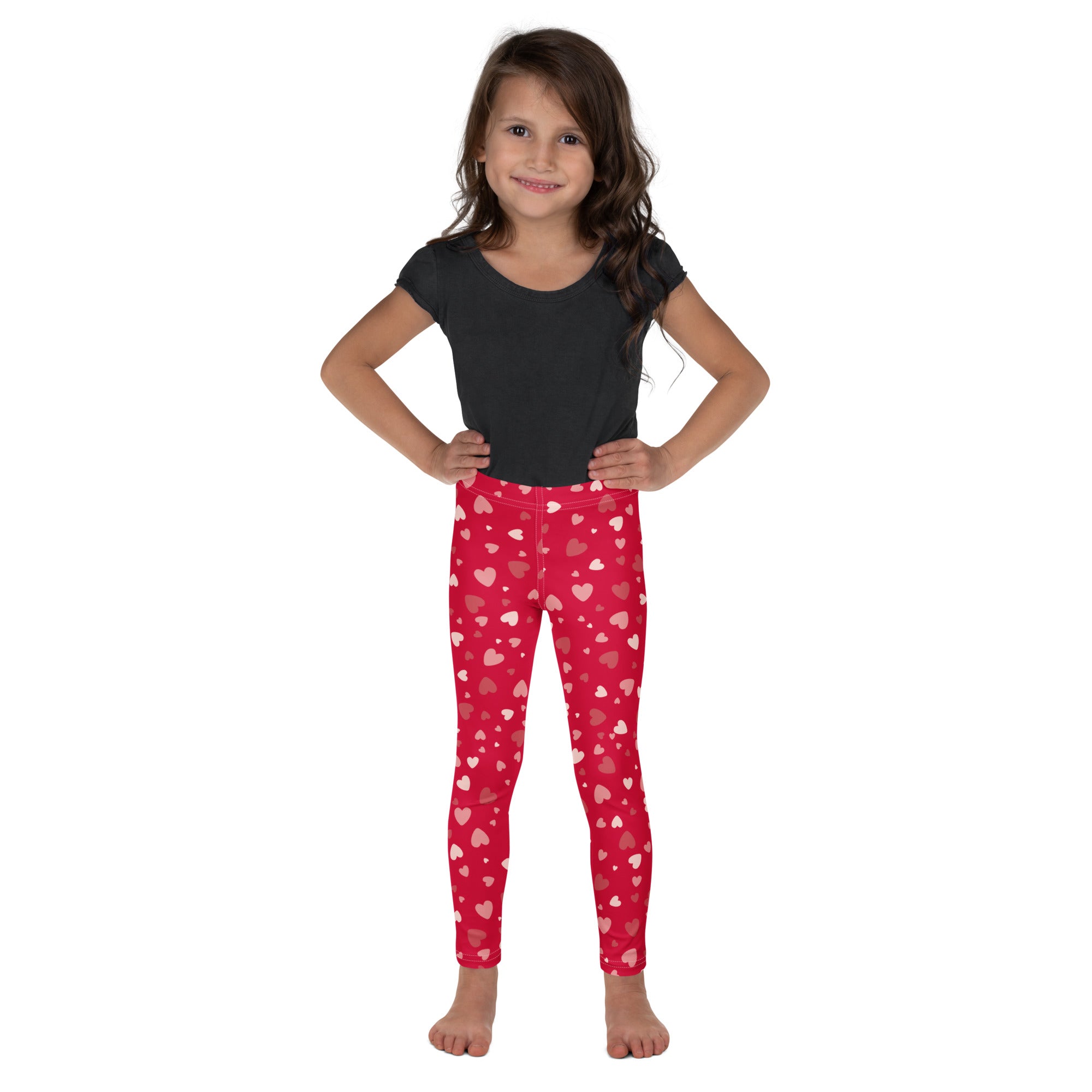 Girls red heart print leggings made of buttery soft stretchy fabric designed for comfortable everyday wear