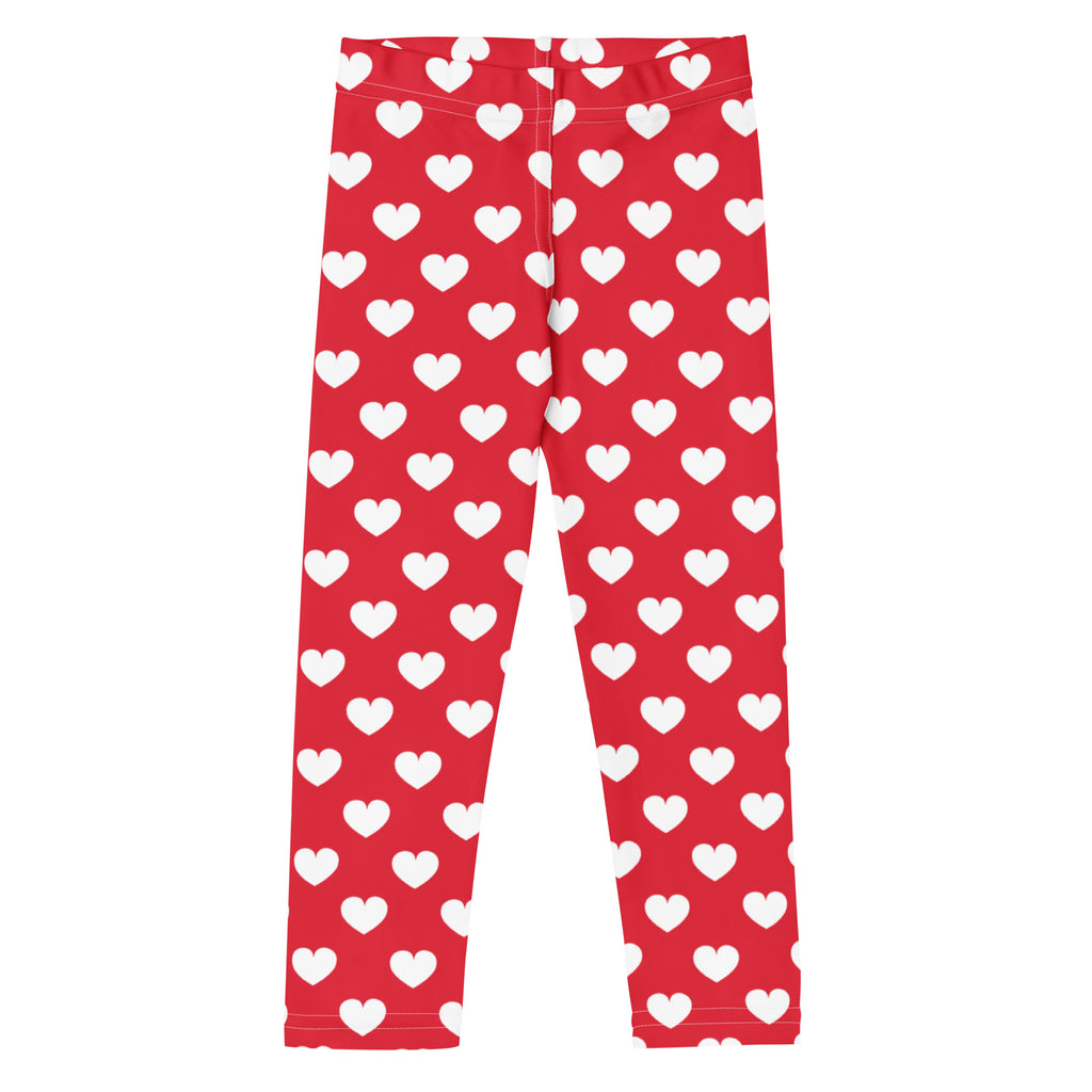 Girls red heart buttery soft leggings featuring a white heart pattern and comfortable stretchy material