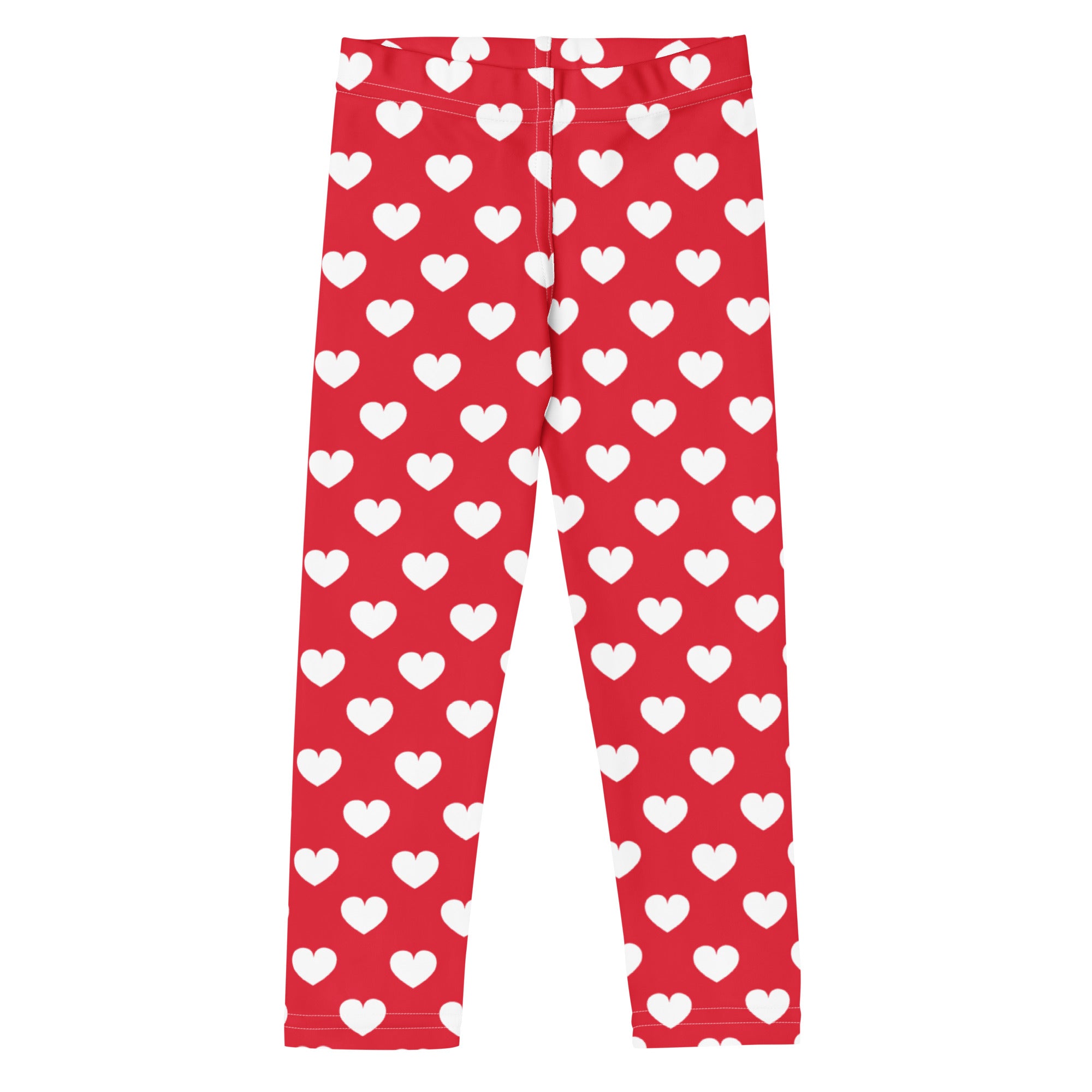 Girls red heart buttery soft leggings featuring a white heart pattern and comfortable stretchy material