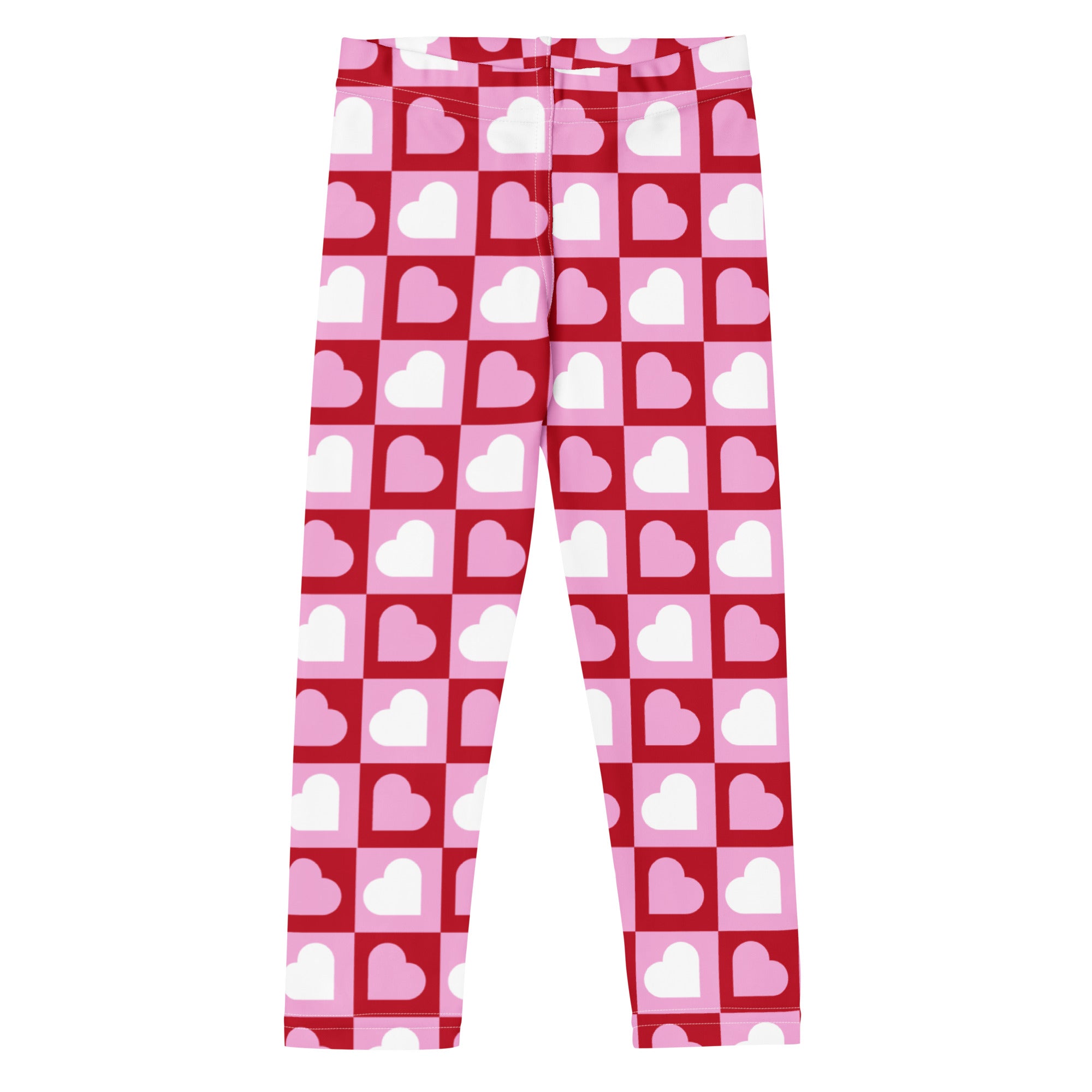 Girls pink checkered heart buttery soft leggings with red and pink heart patterns and a checkered design