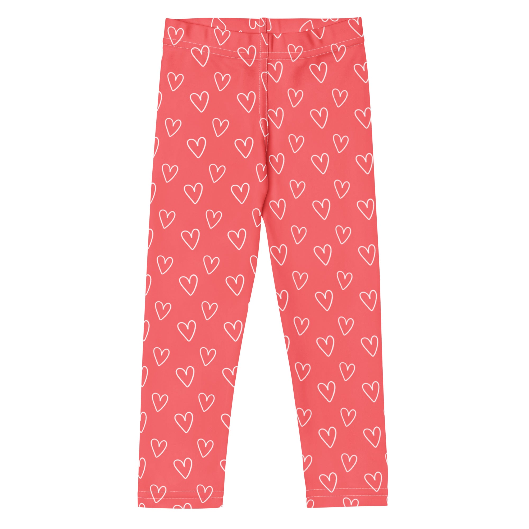 Girls pink heart outline buttery soft leggings in coral pink with white heart pattern for comfortable wear