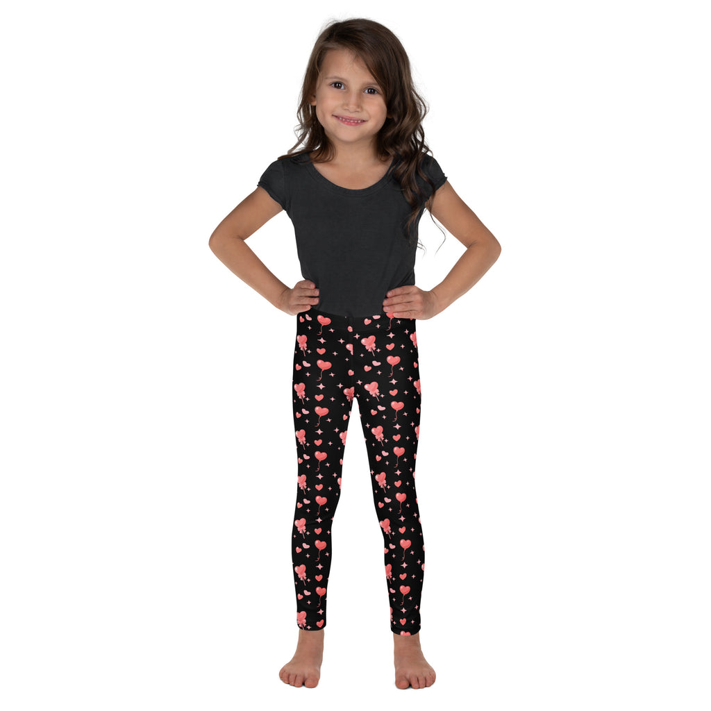 Black girls leggings with pink heart and balloon pattern made of buttery soft fabric for comfortable wear