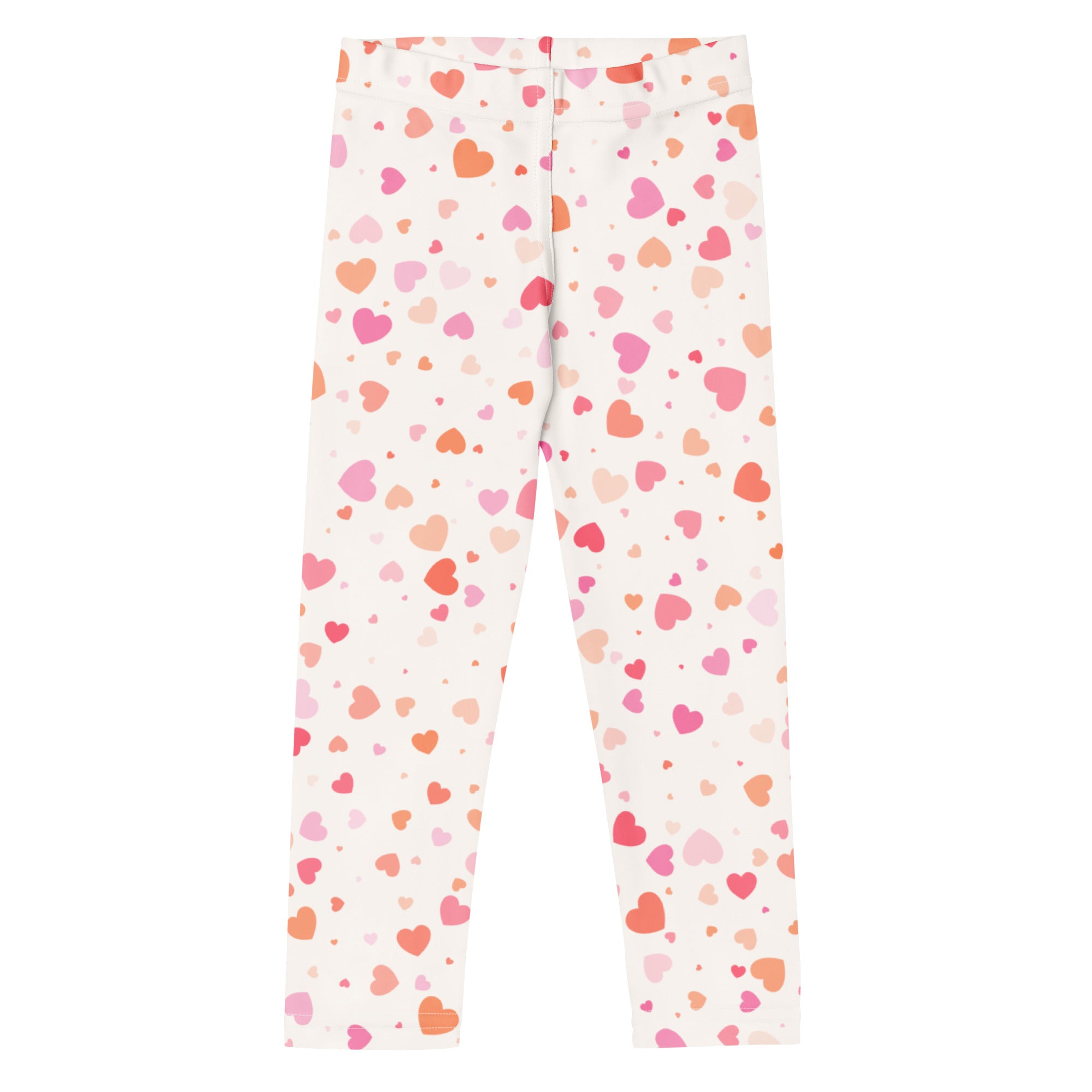 Girls pastel heart buttery soft white leggings with playful pink and orange heart pattern for comfortable wear