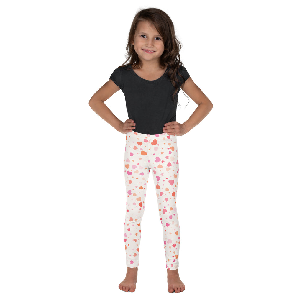 Girls pastel heart buttery soft white leggings with playful pink and orange heart pattern perfect for casual wear