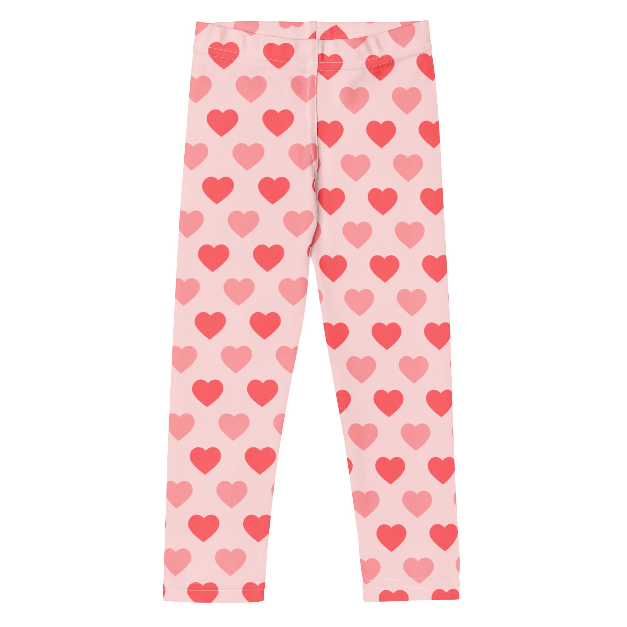 Girls blush heart buttery soft leggings in pink featuring a playful pattern of red and lighter pink hearts