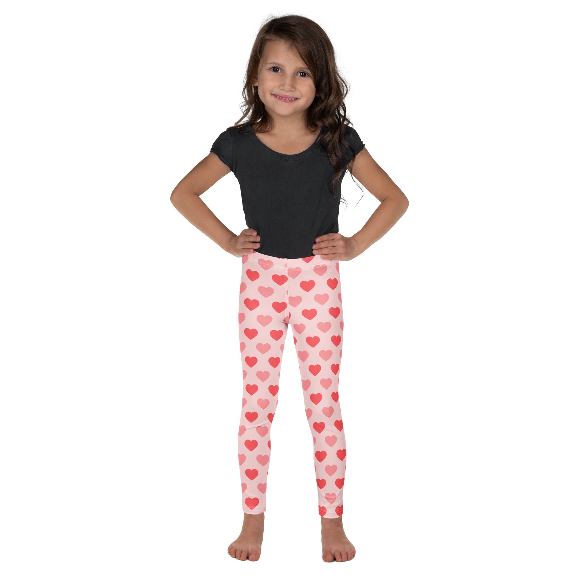 Girls blush heart buttery soft leggings in pink with red and light pink heart pattern for comfortable wear