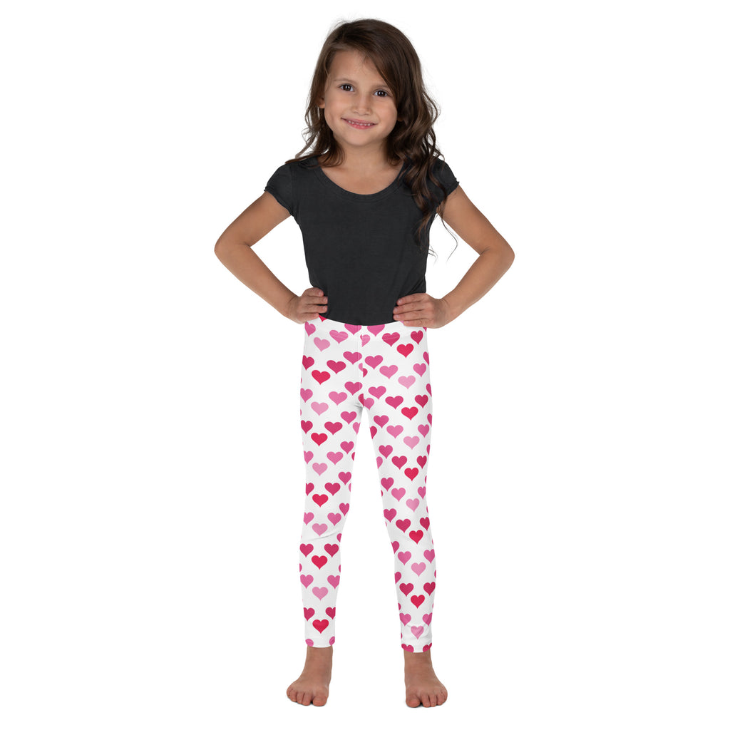Girls Valentine’s Day white buttery soft leggings with pink and red heart pattern perfect for festive wear