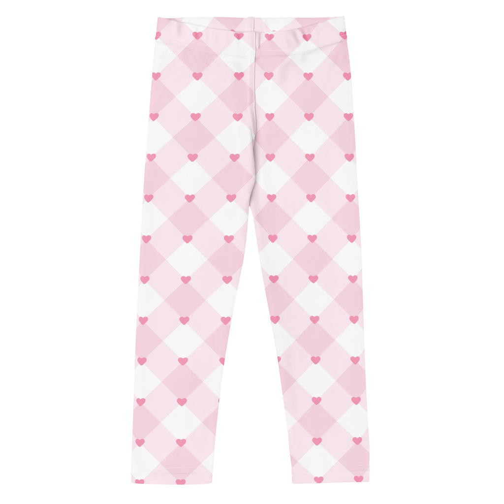 Girls pink gingham heart buttery soft leggings featuring pink and white argyle with small heart patterns