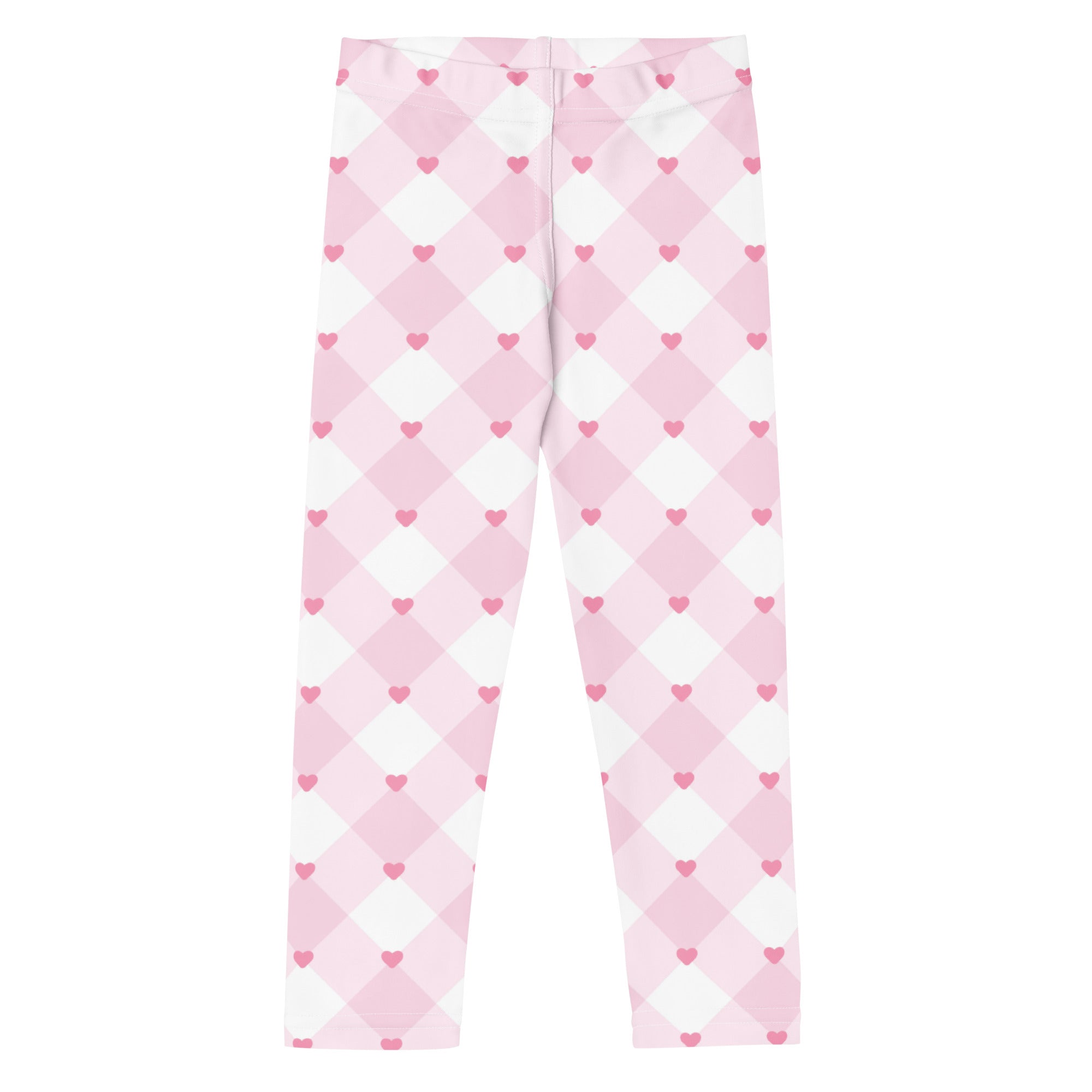 Girls pink gingham heart buttery soft leggings featuring pink and white argyle with small heart patterns