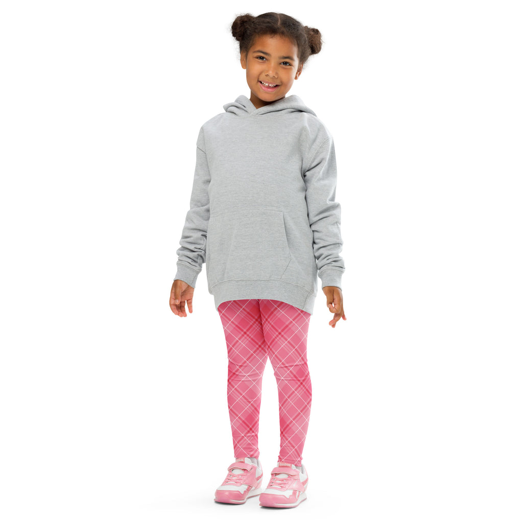 Gray hooded sweatshirt with front pocket and long sleeves paired with girls pink plaid buttery soft leggings