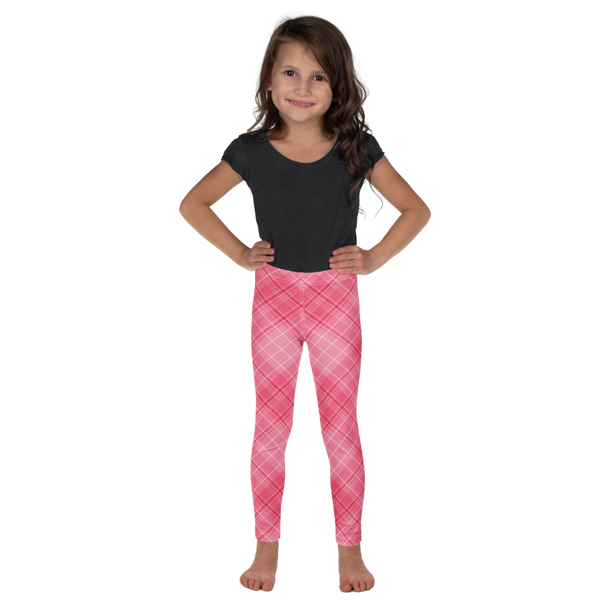 Girls pink plaid buttery soft leggings with subtle gradient and white intersecting lines design