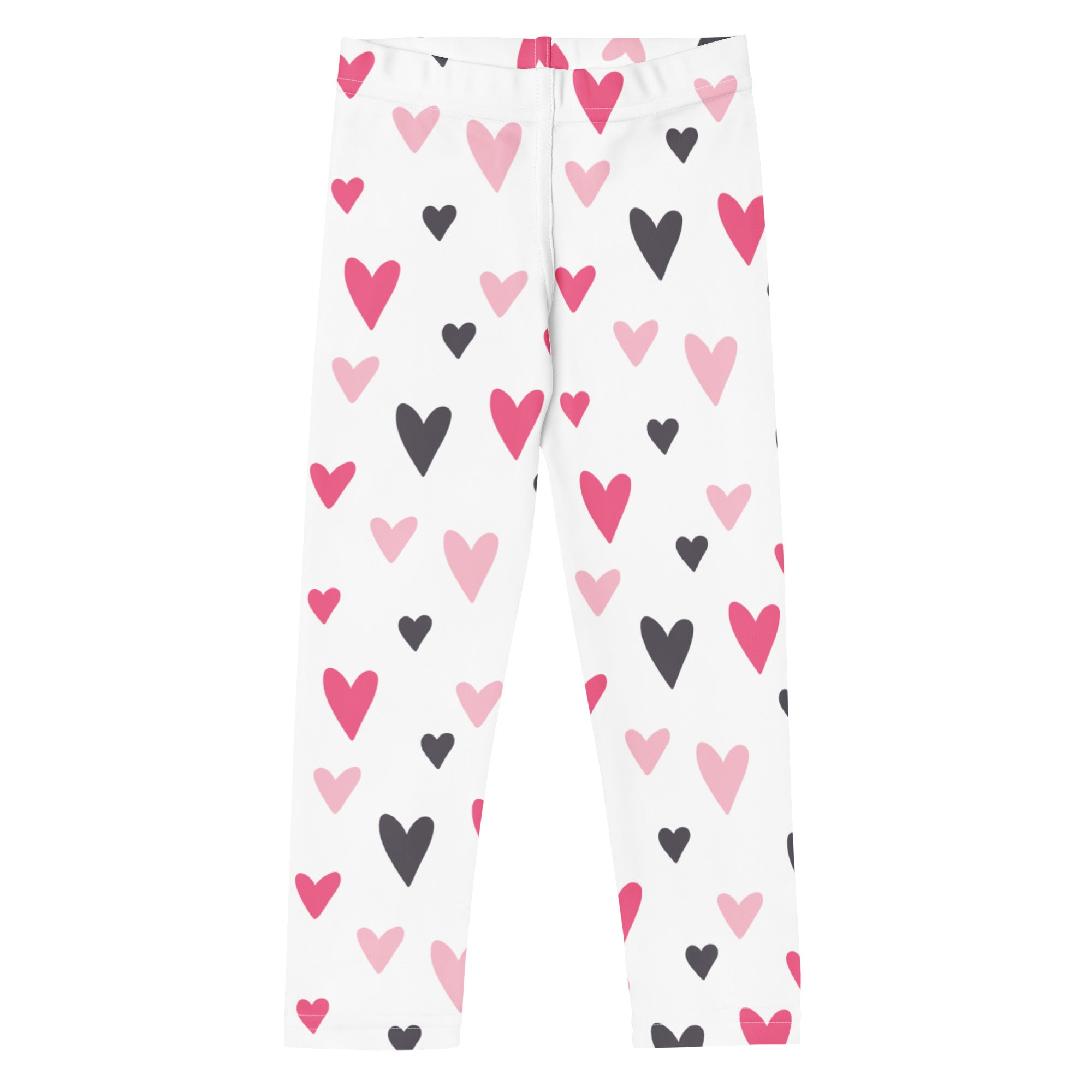 White girls Valentine’s Day leggings with playful pink and black heart pattern in buttery soft fabric