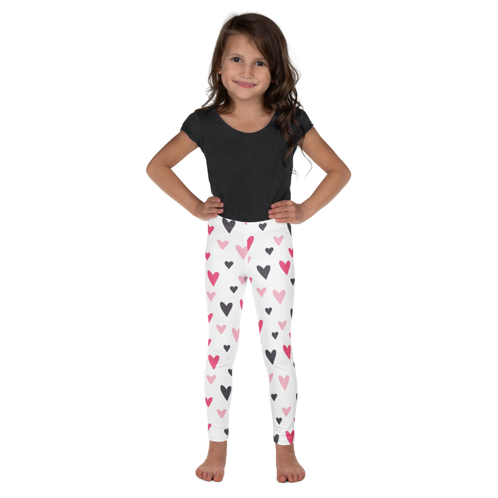 Girls Valentine’s Day white leggings with colorful pink and black hearts made from buttery soft fabric