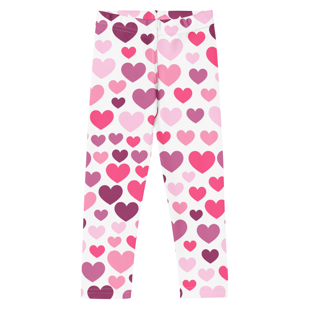 Girls purple and pink hearts buttery soft white leggings with playful heart pattern in pink and purple shades