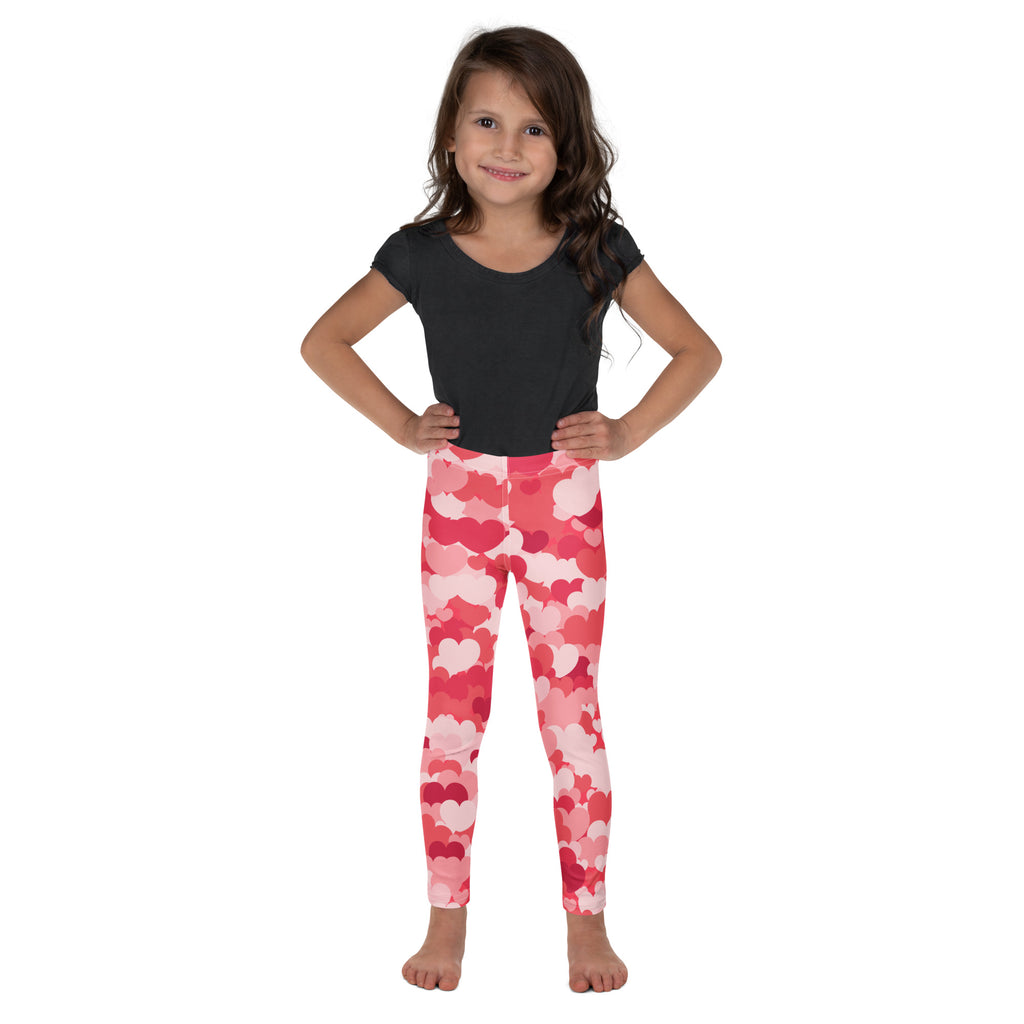 Girls pink heart cloud leggings in buttery soft fabric featuring pink and red heart patterns for comfortable wear
