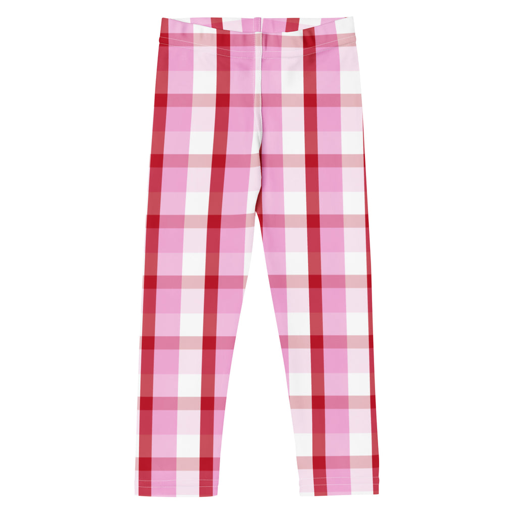 Girls pink and red plaid leggings with a stretchy, form-fitting design made from buttery soft fabric