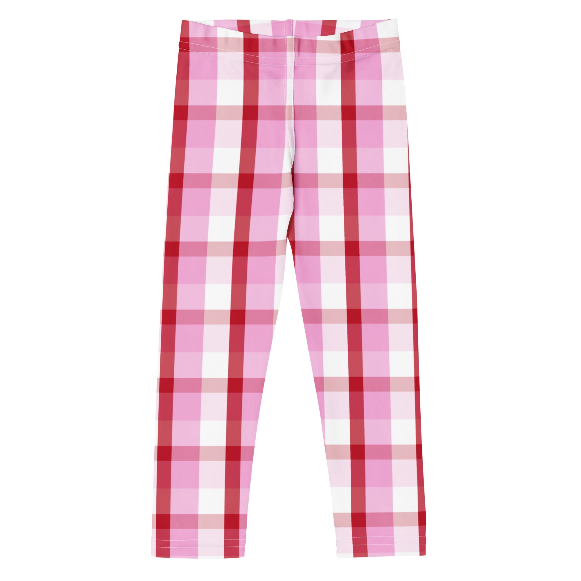 Girls pink and red plaid leggings with a stretchy, form-fitting design made from buttery soft fabric