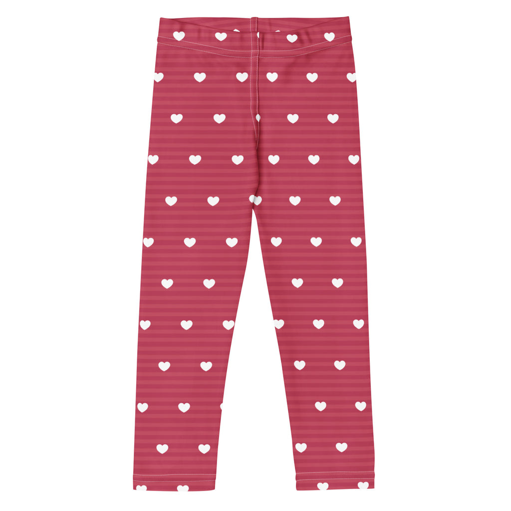 Girls pink stripe heart leggings featuring white heart patterns and subtle horizontal stripes in buttery soft fabric