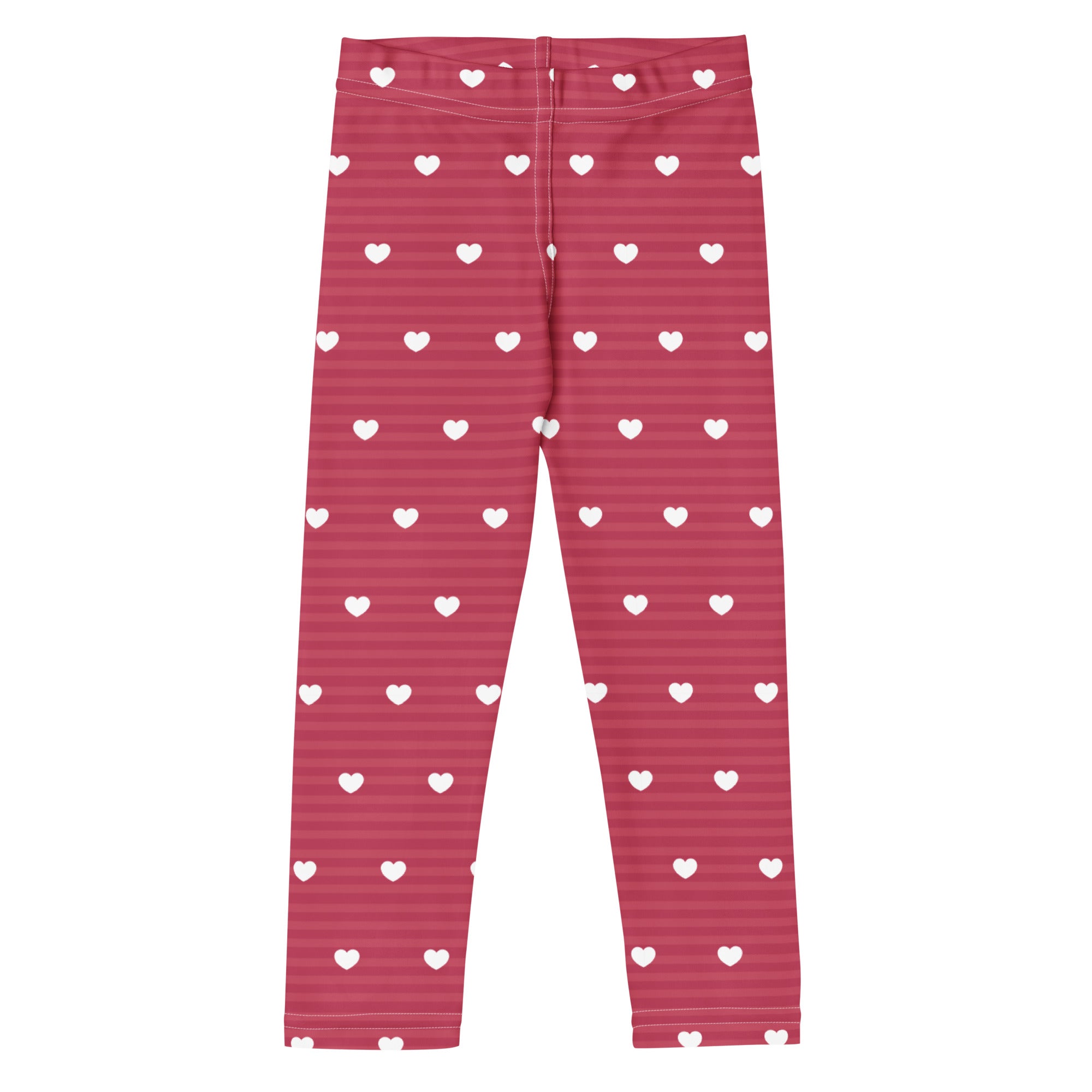 Girls pink stripe heart leggings featuring white heart patterns and subtle horizontal stripes in buttery soft fabric