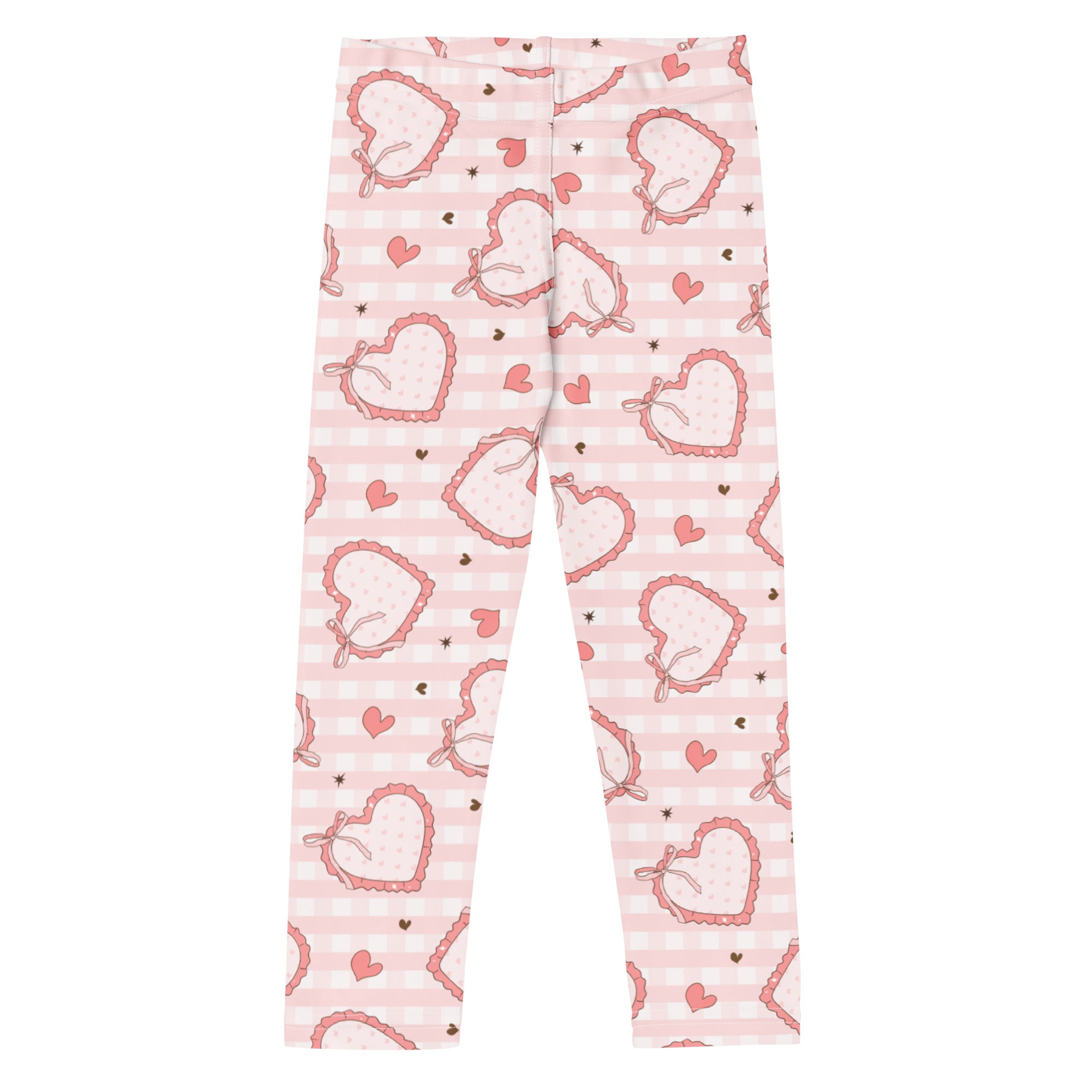Girls plaid bow heart leggings in soft stretchy pink fabric with heart pattern and delicate lace trim