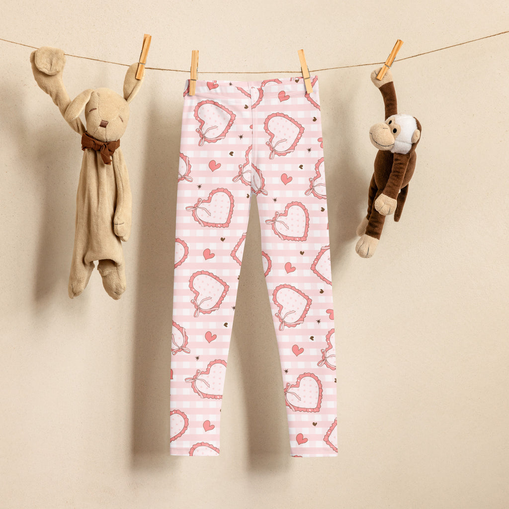 Girls plaid bow heart leggings buttery soft pink and white striped with outlined and red scattered hearts pattern