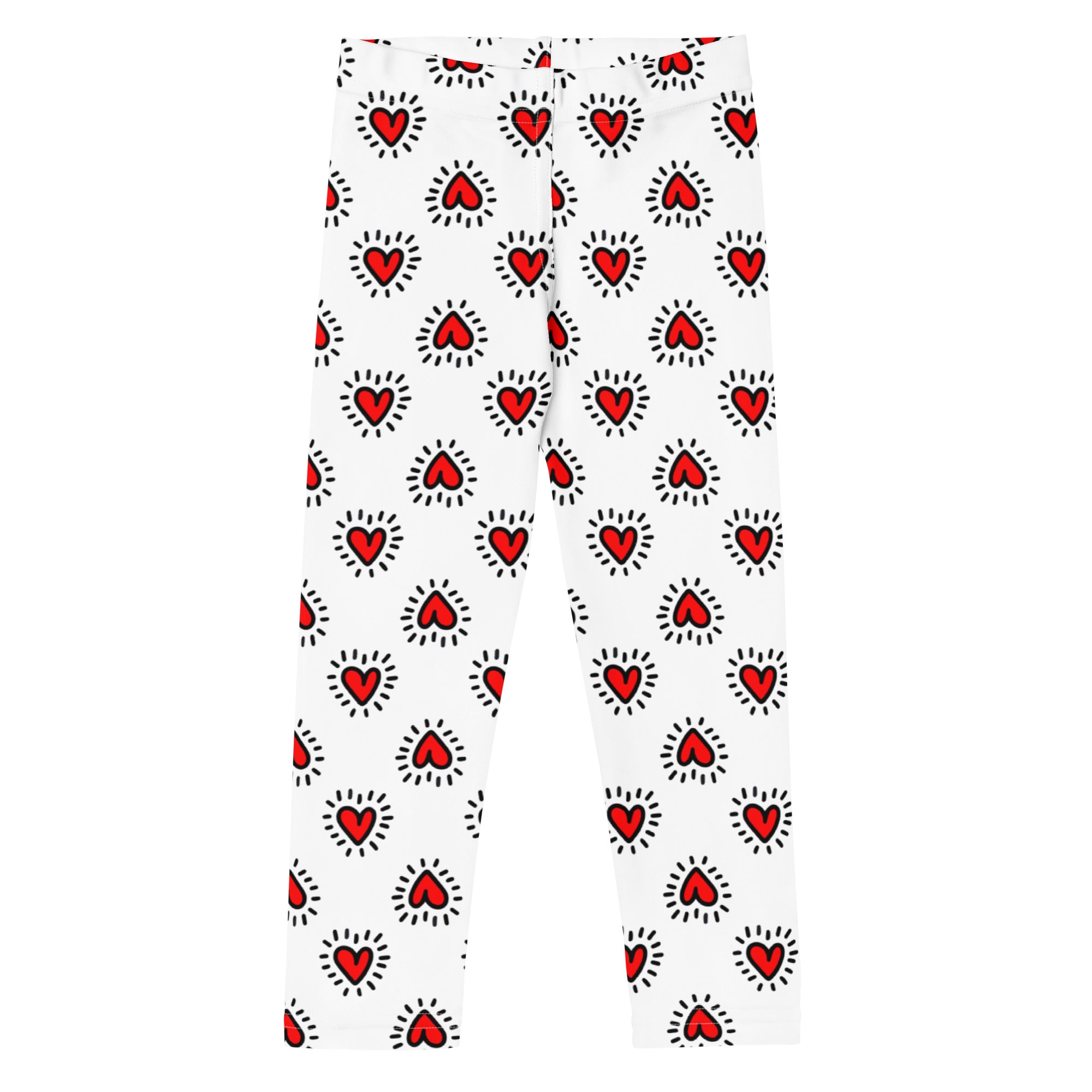 Girls valentine’s day buttery soft white leggings with a repeating pattern of red hearts outlined in black with radiating lines