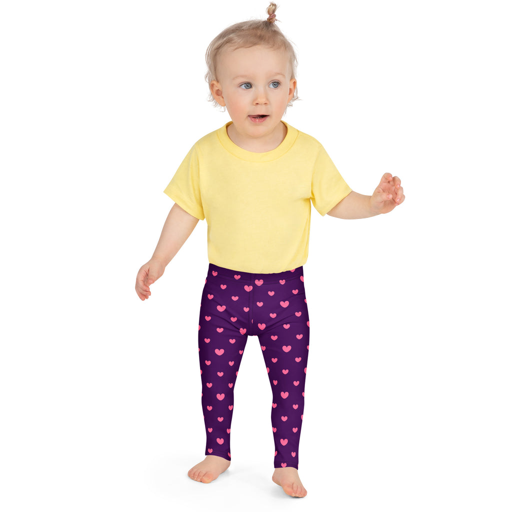 Girls purple heart leggings buttery soft with small pink hearts pattern for comfortable everyday wear
