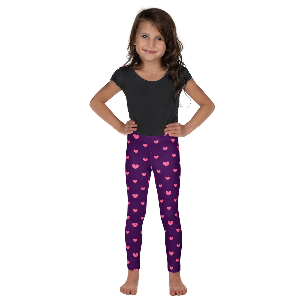 Girls purple buttery soft leggings with a pink heart pattern perfect for daily wear and comfort