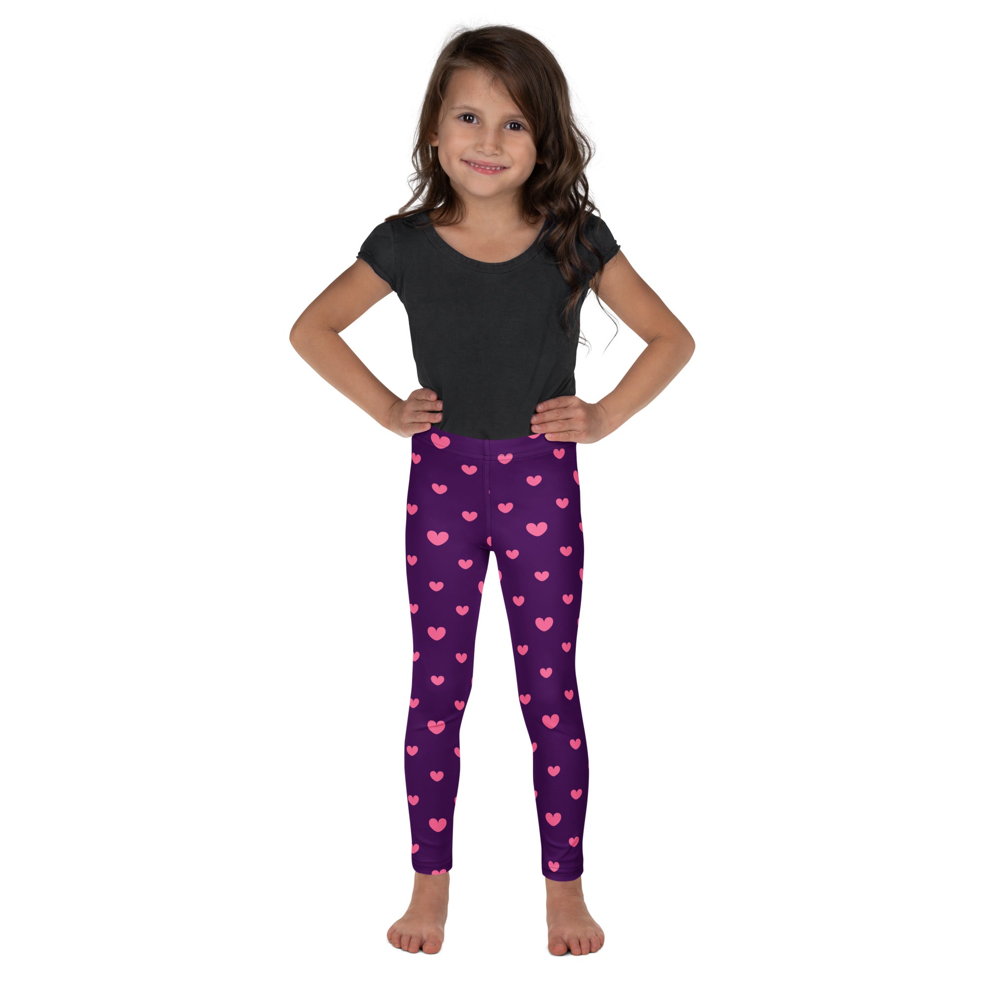 Girls purple buttery soft leggings with a pink heart pattern perfect for daily wear and comfort